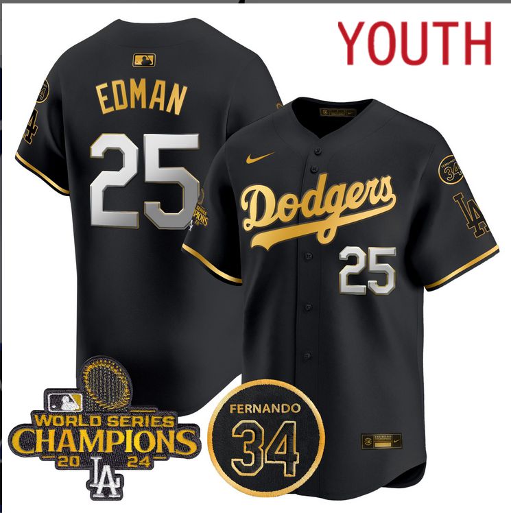 Youth MLB Los Angeles Dodgers #25 Edman black 2024 World Series Champions Patch Limited Jersey style 4->youth mlb jersey->Youth Jersey